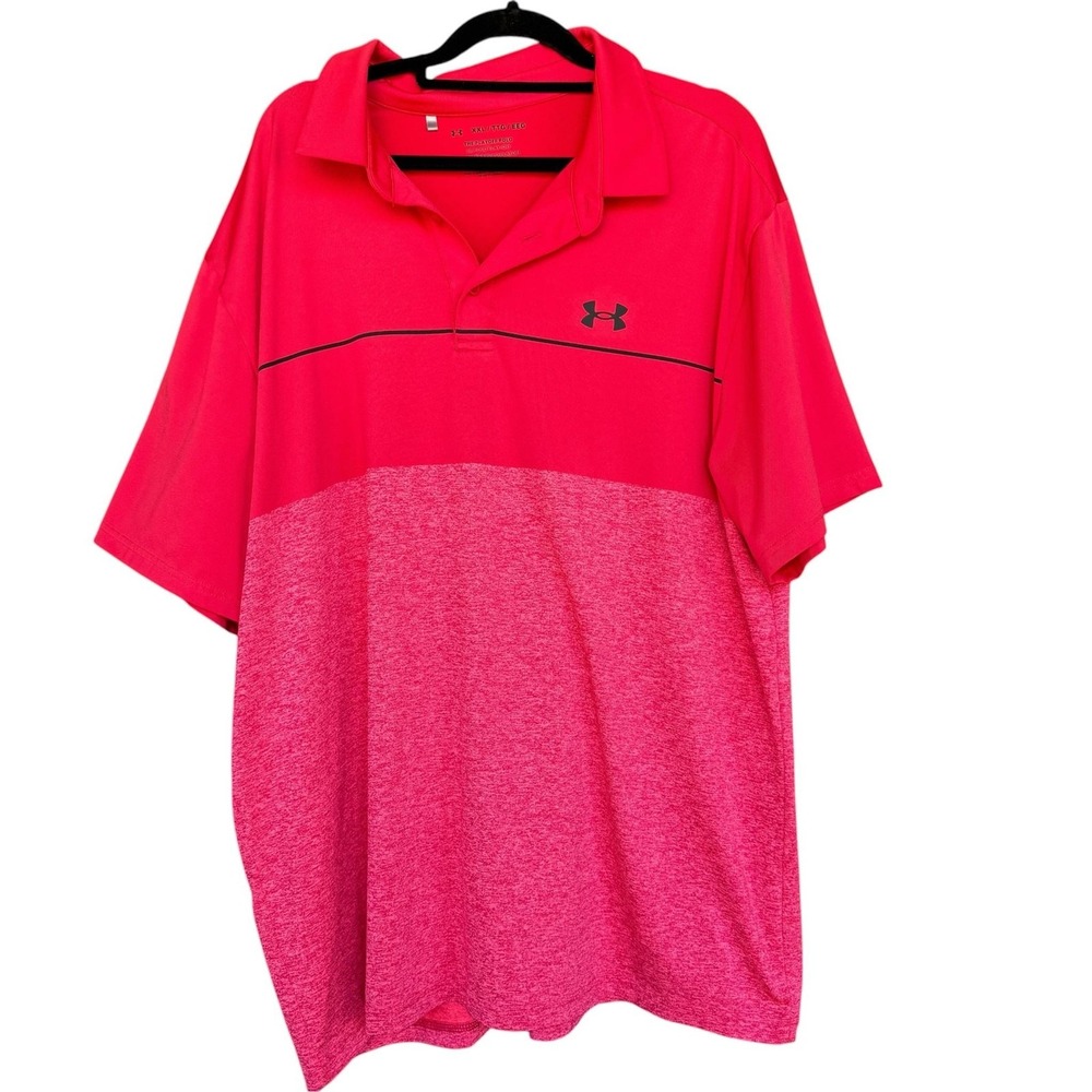 Under Armour Playoff Polo Shirt Mens 2XL Red Colorblock Golf Stretch Loose Fit